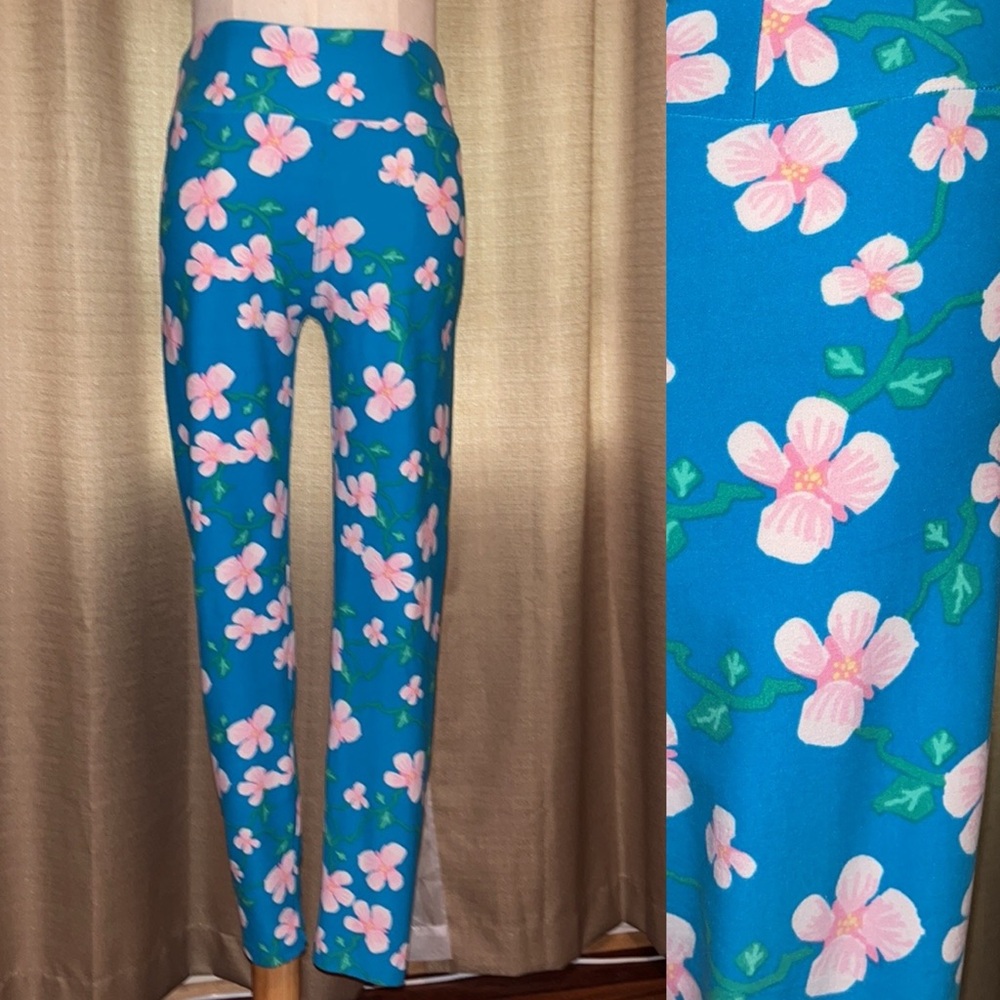 LuLaRoe Women’s One Size Stretch Leggings Blue with Pink Cherry Blossoms